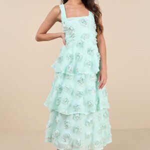 Lulus Exceptional Entrance Mint Sleeveless Tiered Rosette Midi Dress Blue